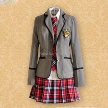 free shipping Japanese School Girl Uniform Cosplay Costume Black Red Tartan Dress Sur School Uniform