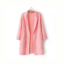 2016 Blazers and Jackets Long Sleeve None Button Mid Long Lace Blazer Suits Women Ladies Suits Basic Jackets Pink White Black