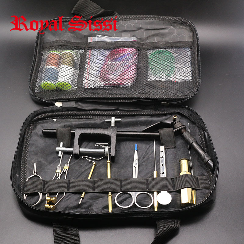 Hot 1Set Fly Fishing Fly Tying Tools Kit in Portable Bag Including Vise bobbin hackle pliers hair stacker and Fly tying material
