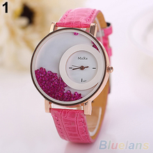 Women s Moveable Rhinestones Quicksand Dial Faux Leather Band Quartz Wrist Watch 4KMZ