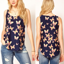 2015 New Pop Sexy T Shirt Crew Neck Sleeveless Vest Tops Girl Women Tee Butterfly Print