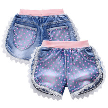 2016 Dot printed kid short pants for girl lace flower jeans with elastic waist summer short denim trousers girls shorts clothing