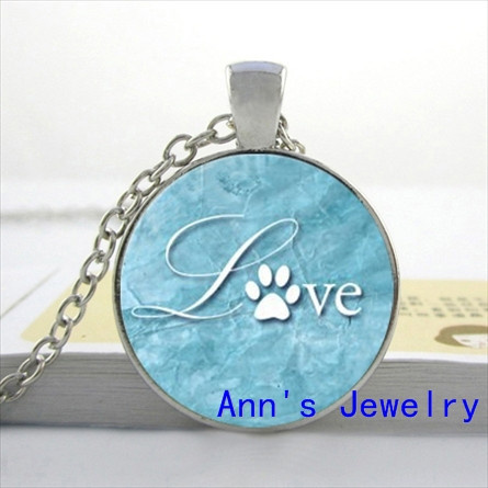 LOVE PAW PRINT pendant Love Animals glass Pendant necklaces Aqua Blue and White Paw Print Animal Lover Necklace Jewelry