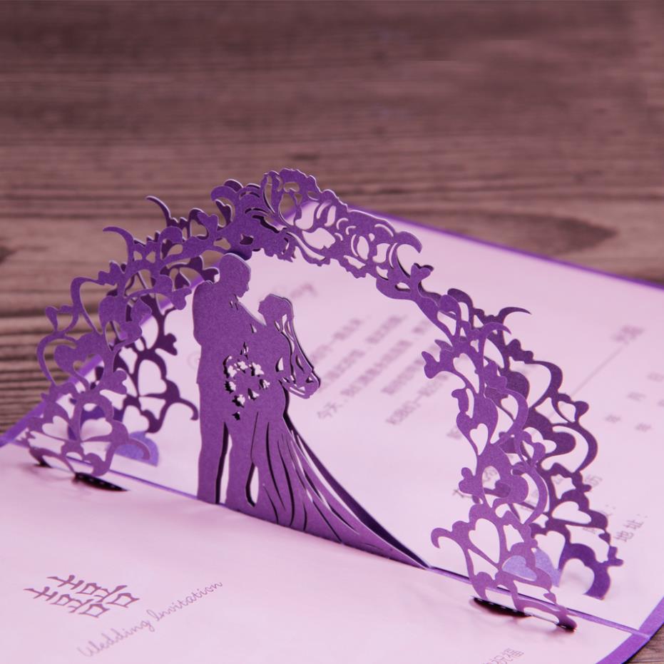 Laser Cut 3d Pop Up Wedding Card Elegant Unique Purple Invitation Cards 2015 Brand New 50pcs Laser Cut Pop Up Card Template