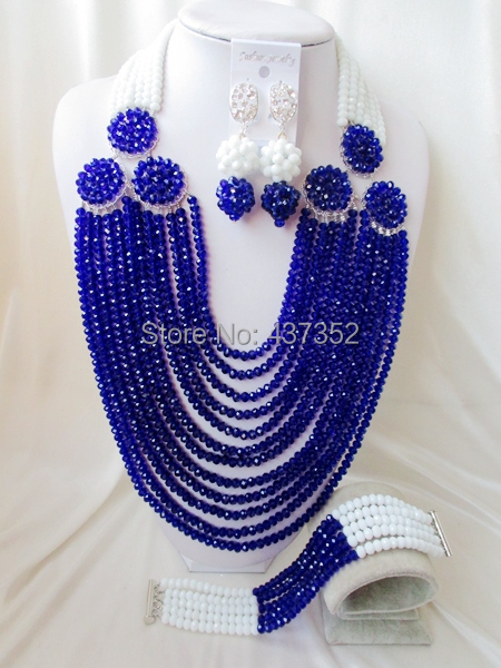 2015 New Arrived! Royal blue white costume nigerian wedding african beads jewelry sets crystal beads necklaces NC2183