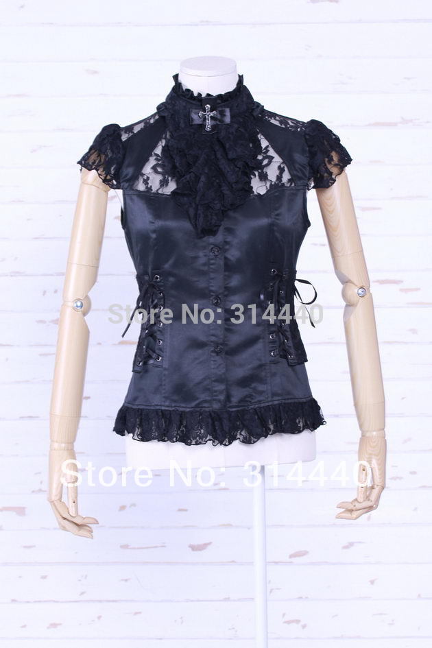 RQ-BL Gothic Lolita short sleeves shirt lace cross...