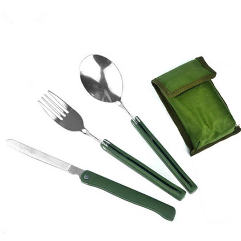 Camping steel foldable knife fork spoon outdoor picnic set travel camp