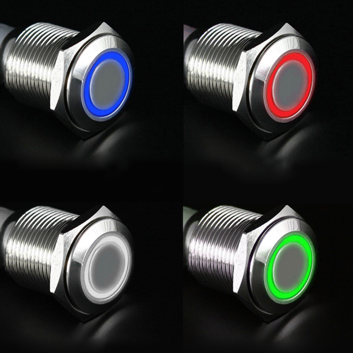 12V 16mm LED Power Push Button Switch Silver Aluminum Latching Type