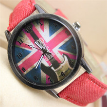 LZ Jewelry Hut DK05 2014 New Jeans Style Brand Design Denim Strap Vintage England Flag Quartz Print Antique Watch