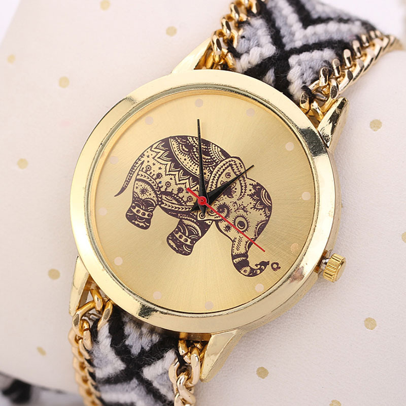 Superior Hot Selling Women Elephant Pattern Weaved Rope Band Bracelet Quartz Dial Wrist Watch Au3