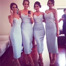 Sheath Short Open Back Satin Women Formal Gowns Spaghetti Straps Modest Tea Length Bridesmaids Dresses Robe Demoiselle D’honneur