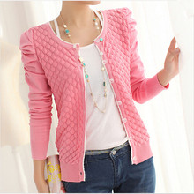 2016 Spring Women’S Cardigan O-Neck Puff Sleeve Pearl Buckle All-Match Solid Color Knitted Sweater Outerwear Jacket Cardigans