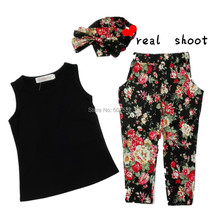 Summer style Girls Fashion floral casual suit children clothing set sleeveless outfit headband 2015 summer new
