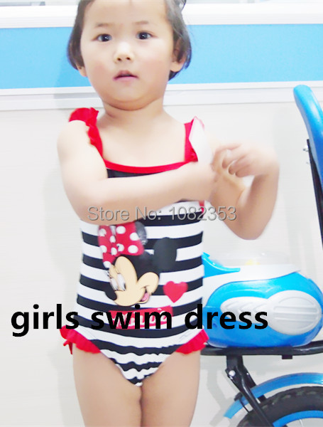free shipping cotton material cartoon design black strip girl swimming suits cute girls good quality swim wear swimming dress