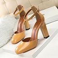 BIGTREE New Summer Pumps Sandal Thick Heel High Heels Shoes Patent Leather Square Toe Hollow Heeled