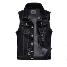 Vintage Design Men’s Denim Vest Male Black Color Slim Fit Sleeveless Jackets Men Hole Jeans Brand Waistcoat Plus Size 6XL LA034