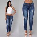 Summer sexy low waist womens slim fit full length denim pencil pants fashion personality ripped broken