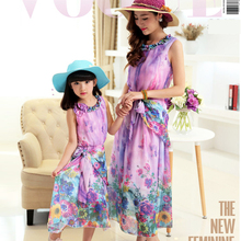 Authentic 2016 Mom and Daughter Dress with Belt Long Maxi Summer Vacation Dresses Family Beach Dress Chiffon Girls & Women Dress