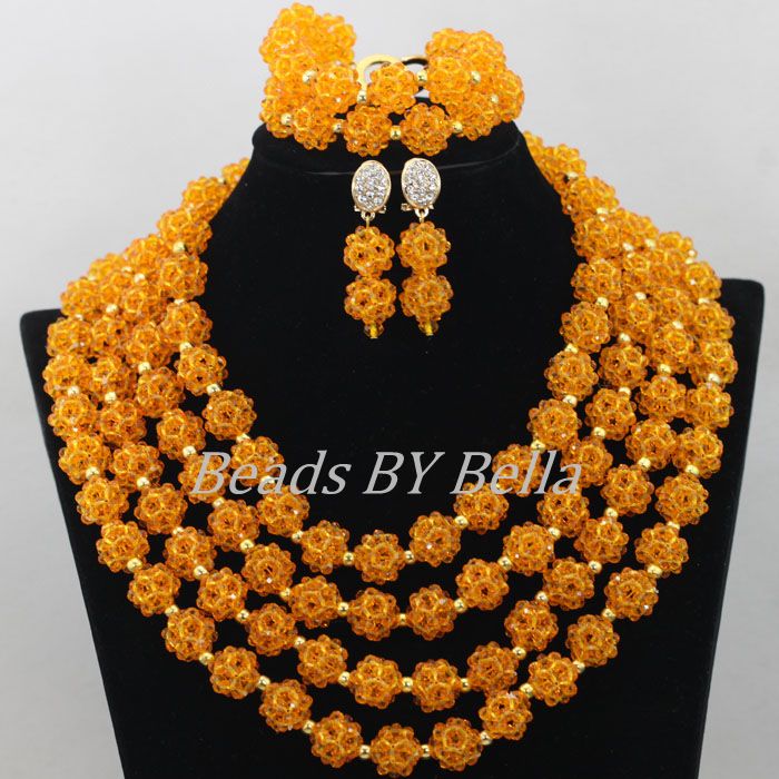 Chunky African Wedding Beads Bridal Jewelry Sets Orange Balls Crystal Nigerian Wedding Beads Necklace Set Free Shipping ABF434