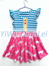 Free DHL Shipping 30pcs 1 lot Blue Stripe Unicorn Pattern Sleeve Dresses Can Mix Size