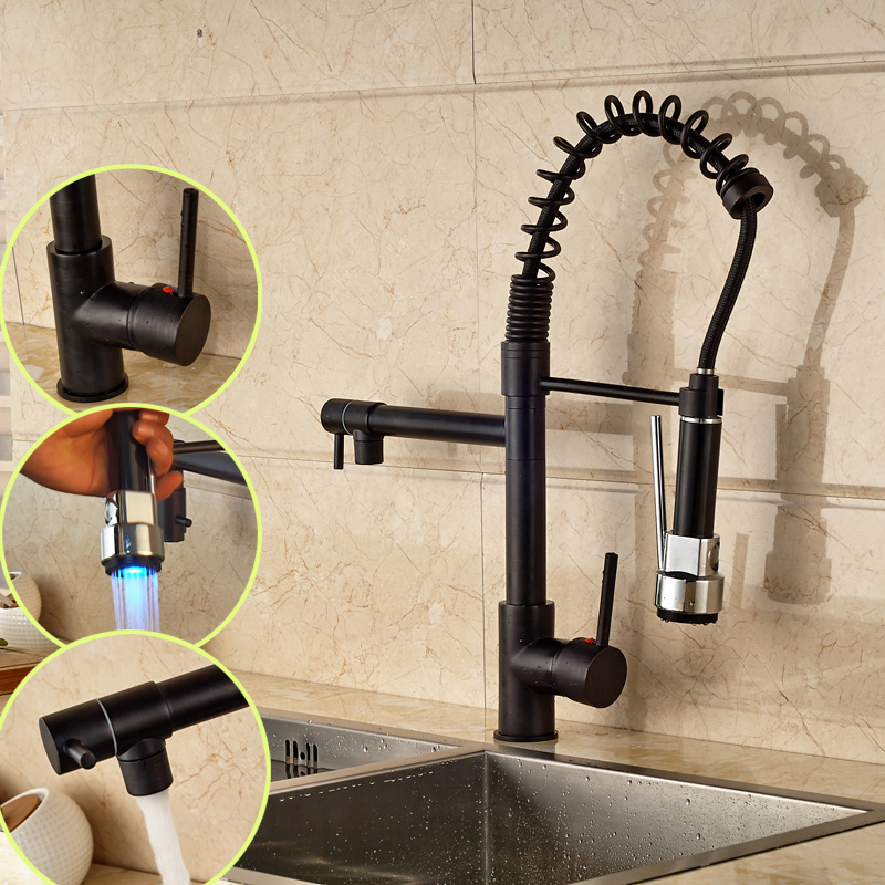 Oil Rubbed Bronze Pull Down Kitchen Sink Mixer Faucet Single Lever LED Light Dual Spout Hot and Cold Water Taps