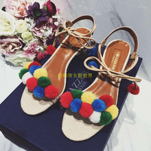 Fashion Genuine Leather Shoes Aquazzura Pom Pom Ankle-tie Sandals