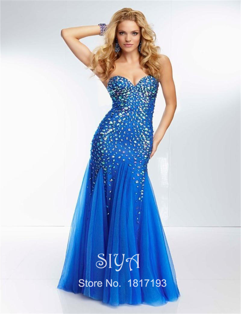 2016 Abalorios Vestido de Fiesta Brillante Azul Real Amor Del Hombro Peach Rebordear Partido Vestidos Largos