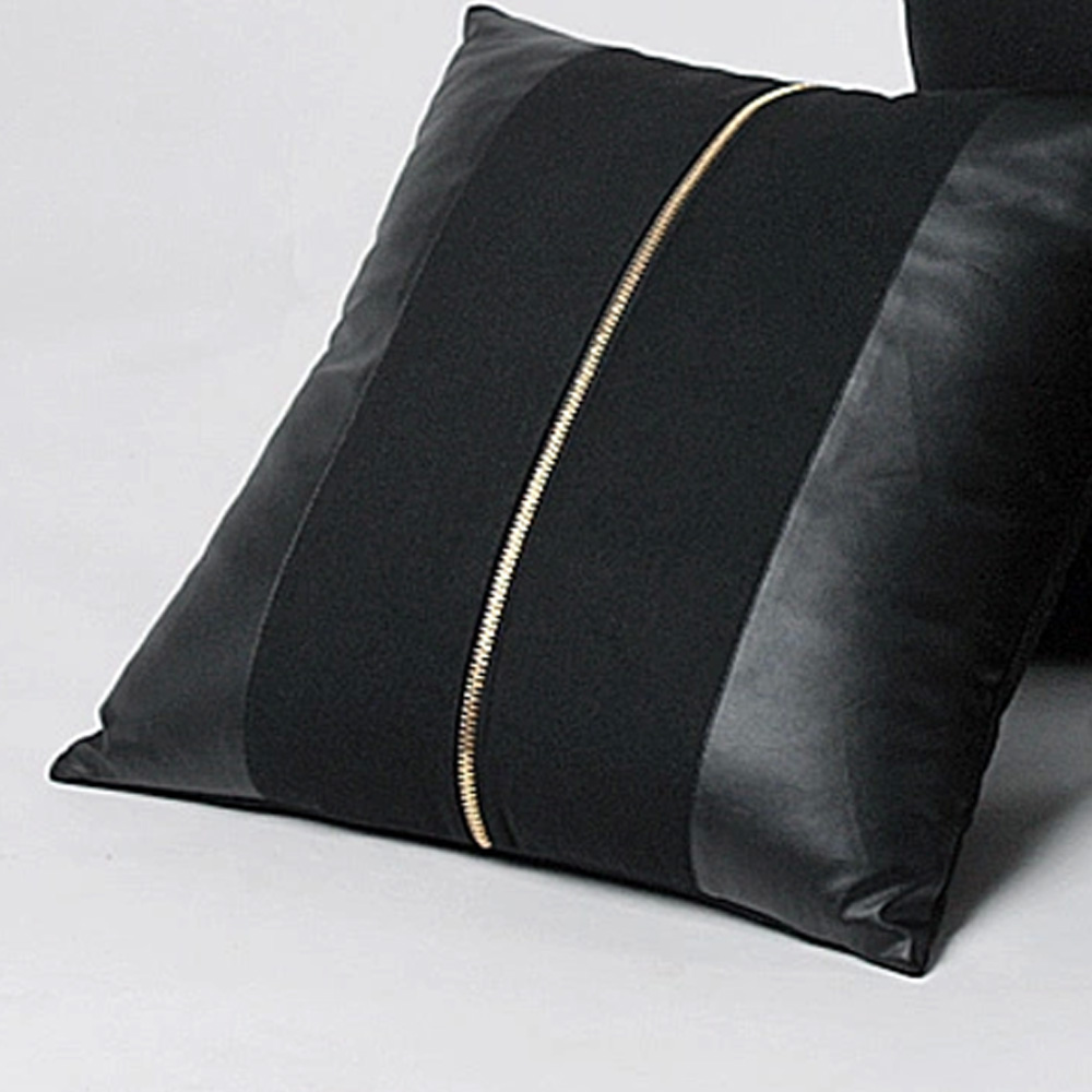 ZT1017 Rock Cool Style PU Leather Woolen Single Zipper Home Decoration Black Throw Pillow Case ...