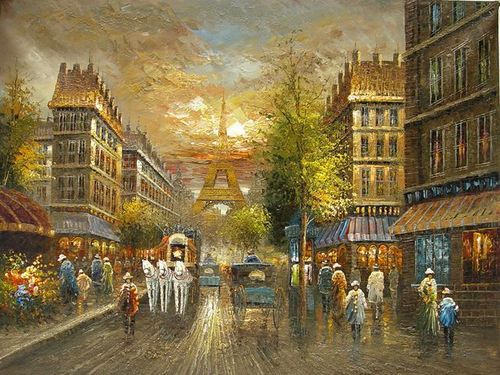 Beautiful Oil Painting Impressionism Paris Street Scene & Eiffel Tower 