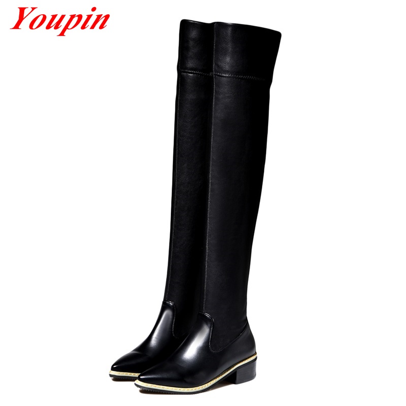 Woman Thick With Knee Boots Winter Short Plush Low-heeled Pointed Toe High Boots Fashion Black Slip-On Thick With Long Boots