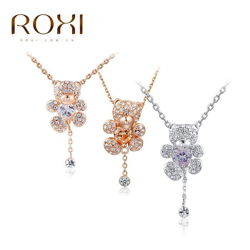 ROXI Christmas Little Bear pendant necklace with heart Austrian crystals Rose Gold Plated hand made fashion