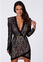 New Fashion 2015 women’s sexy V neck party dress Stitching Black Lace Long-sleeved Mini Dress Free Shipping high quality