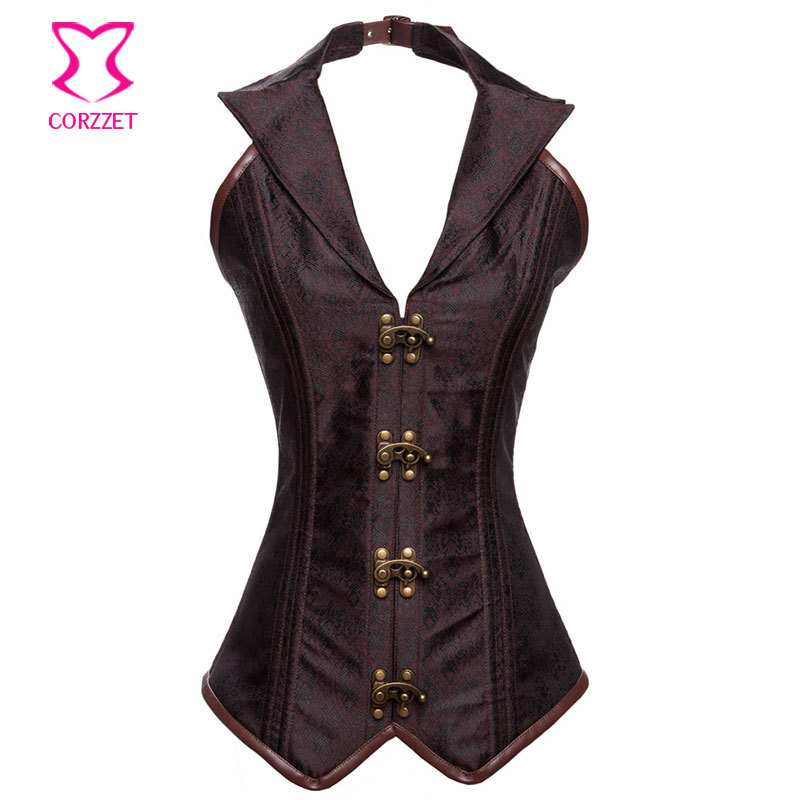Brown Vintage Brocade Halter Collar Gothic Corset Corselet Sexy Steel Boned Long Waist Training Corsets Women