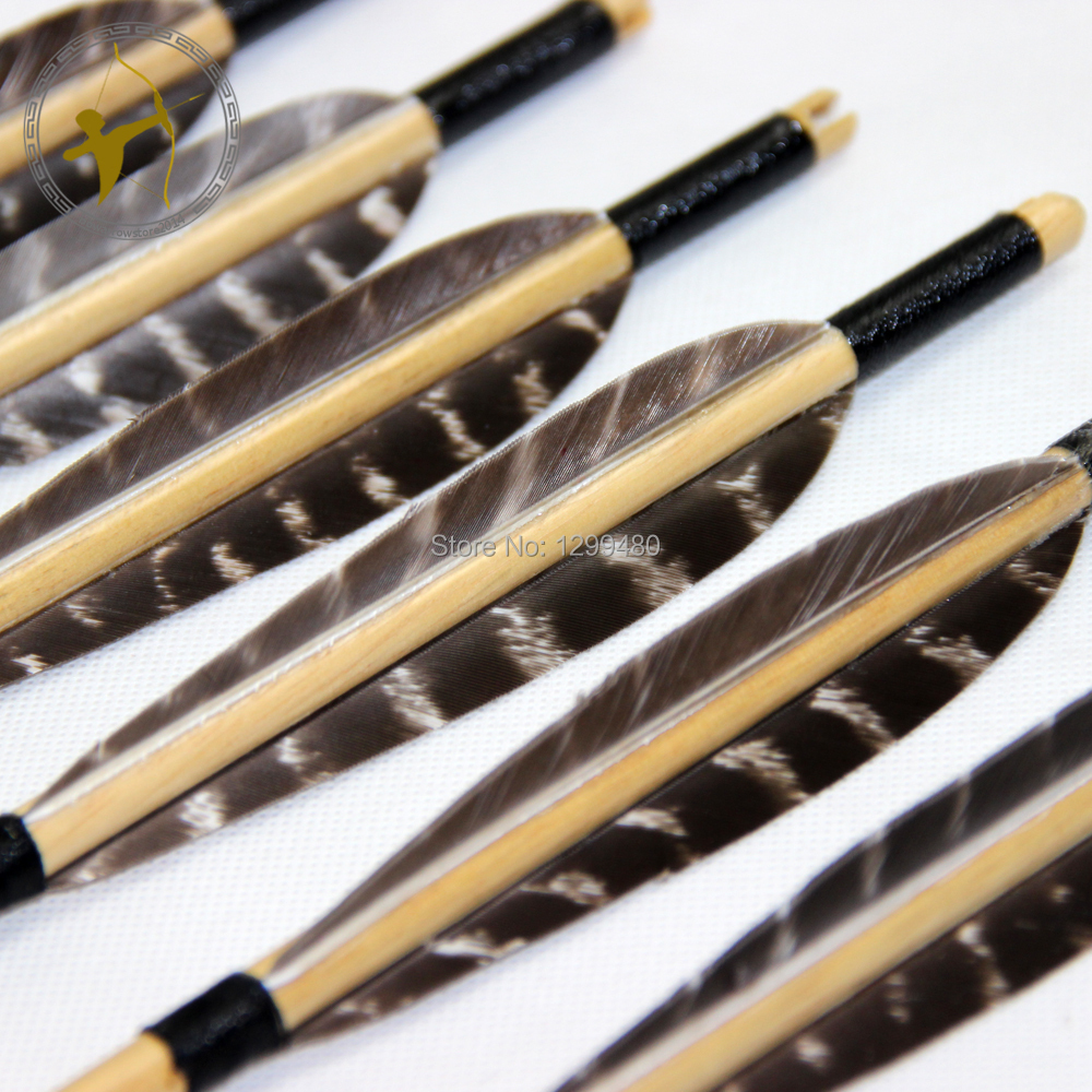 Free shipping 6 Pcs Hot Wood Shaft Hunting Arrows Archery Self Nocks Real Turkey Feather Fletching