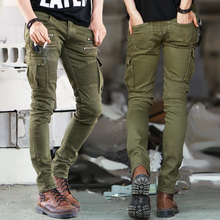 JJ Green Black Denim Biker jeans Mens Skinny 2015 Runway Distressed slim elastic jeans hiphop Washed