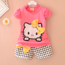Promotion 2015 Summer New Hello Kitty Print baby girls clothing set Cotton Plaid Shorts baby suit