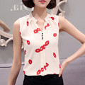 Casual Women Summer Chiffon Blouses Shirts Ladies Sleeveless V neck Plaid Flower Lip Printed Blouse Tops