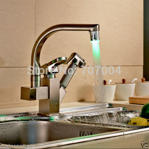 Deck Mounted Brushed Nickel Double Spout Kitchen Faucet LED Pull Out Kitchen Sink Mixer Taps