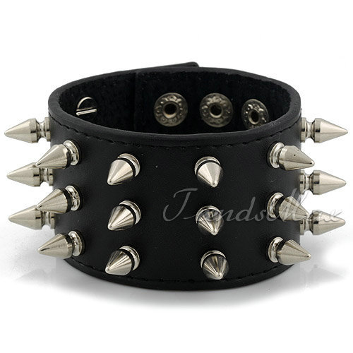 44mm Leather Bracelet Punk Rock 3 lines Cone Stud Rivet Wristband Bangle Black Mens boys bracelet