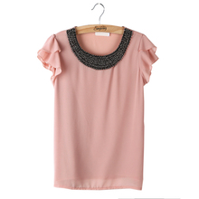 New fashion women Loose Big size chiffon casual vintage Blouses/Beading O-neck,Pullover summer costume shirts
