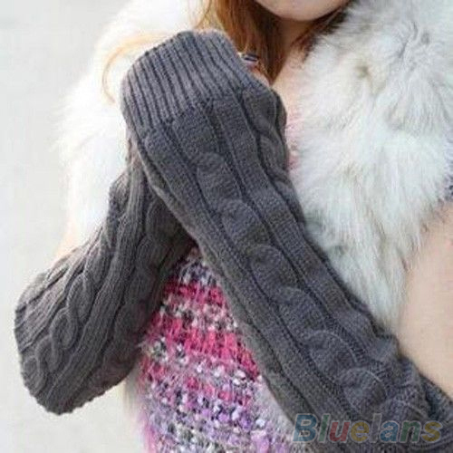 Women s Men s Long Knitted Crochet Fingerless Braided Arm Warmer Gloves 1T58