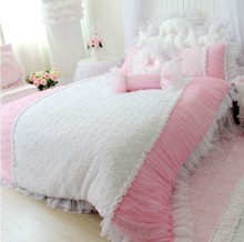 Quality luxury white lace rose flower quilt pink linen silk bedding set duvet cover bedskirt pillow case 4 feet bed bedding sets