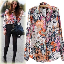 Fashion 2016 Women Clothes Long Sleeve Floral Women Blouses Turn-down Collar Chiffon Blouse Tops Vintage Blusas Shirt Women