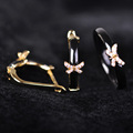 Blucome Black Ceramic Earrings Ring Set Rhinestone Butterfly Accessories Soft Copper Stud Earrings For Bridal Women