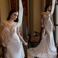 2015 Sexy New Sheer Lace Long Sleeves Backless Mermaid Wedding Dresses See Through Long Cathedral Train