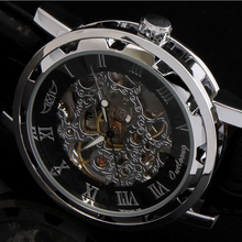 2015 winner fashion casual luxury male leather business skeleton mechanical men self wind military wrist watch