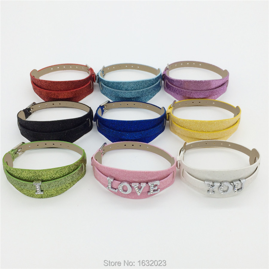 10PCS/Lot 8MM Two Layers PU Leather Glint  Wristband Bracelets Fit 8MM Slide Charms Slide Letters Mixed Colors WB25
