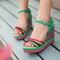 2016 bohemia color block decoration straw braid platform wedges high heeled platform fashion female sandals