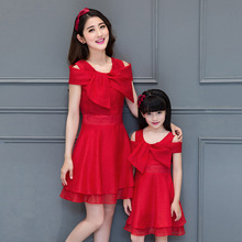 summer 2016 family matching clothes mom and daughter sweet lolita style bow-knot princess dress light blue women party dresses
