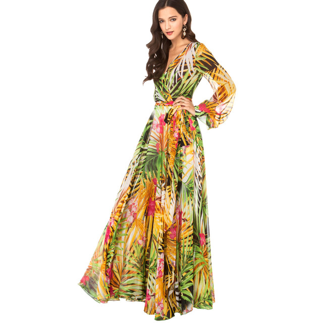 2015 летом женские мода элегантный тропический цветок печать шифона длинный рукав цельный длиной макси шифоновое платье haoduoyi